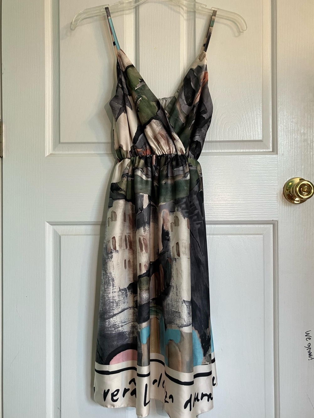 Abstract Watercolor V‑Neck Spaghetti Strap Midi Dress - Green/Black/White